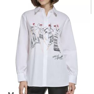 Karl Lagerfeld Paris White Graphic Button-Down Shirt with Sketch Print,  size XL